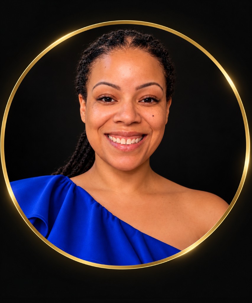 Purpose, licensed Master Cosmetologist, in the approved black background portrait with its gold circular frame