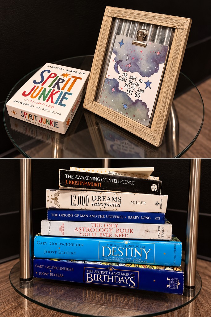 Books, a card deck, and a handwritten note in the Beauty Sanctuary