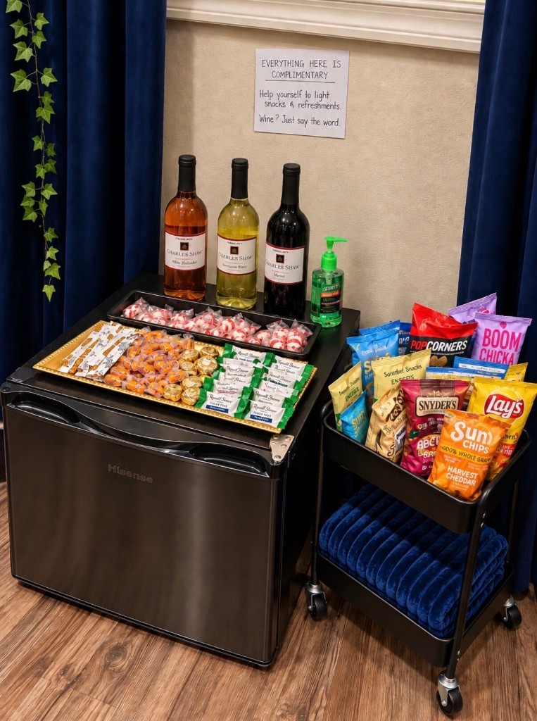 Complimentary snacks, beverages, and wine prepared for clients in the Beauty Sanctuary
