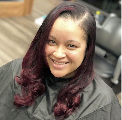Long burgundy hair with curled ends by Purpose